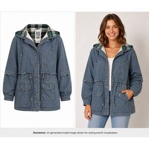 PAO Originals Vintage Denim Anorak Jacket Blue Plaid Lined Hooded Utility Medium